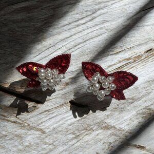 Vintage 1980s Red Sequin Clip-On Earrings with Faux Pearl Center – Statement Hol